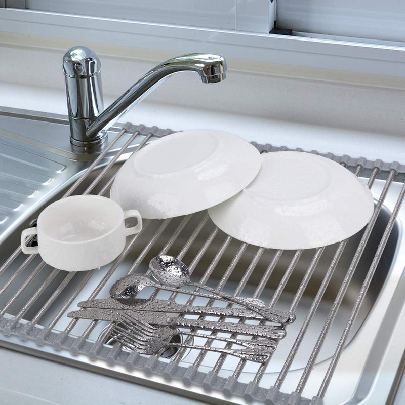 Hhyn Roll Up Dish Drying Rack Over The Sink 17.7"(L) x 15.6"(W), Multipurpose Foldable Stainless Steel Kitchen Rollable Drainer Rack, Gray - Image 2